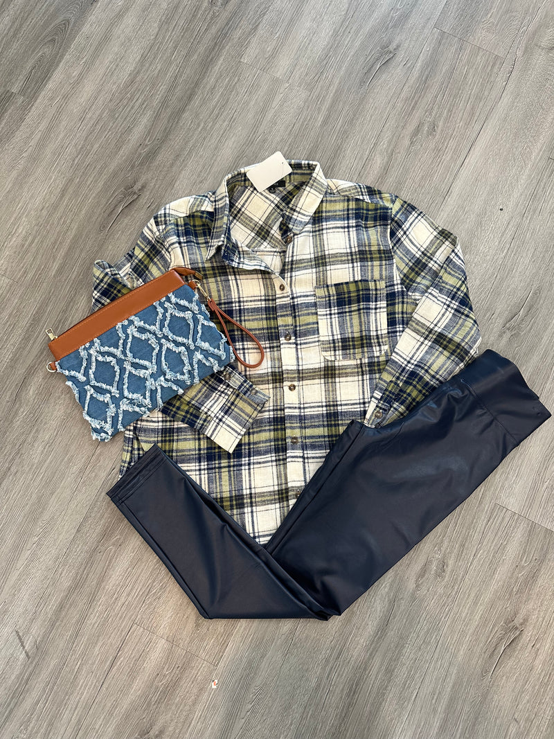Navy Plaid Flannel Button Up Top