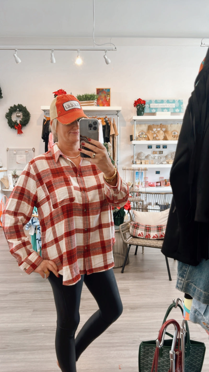 Red Plaid Flannel Button Up Top
