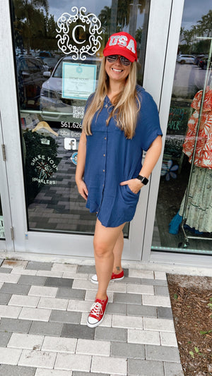 Navy Gauze Button Up Dress