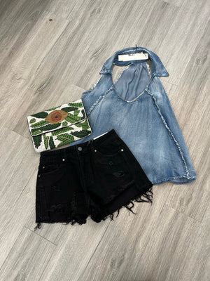 Black Fringe Frayed Distressed Shorts